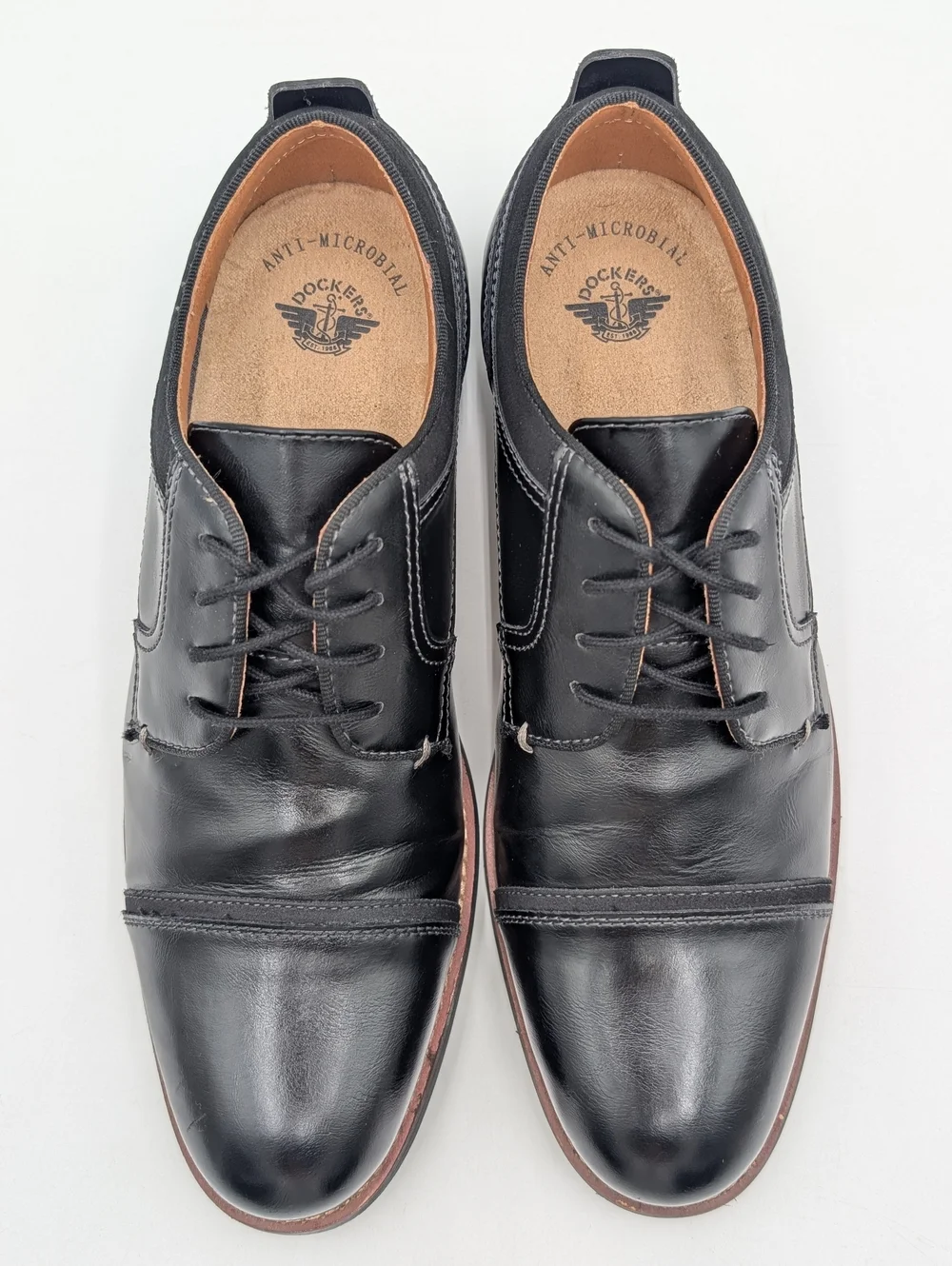Dockers Men Sz 9.5 Black High-Quality Cap-Toe Oxfords Brown Trim Cushion Footbed
